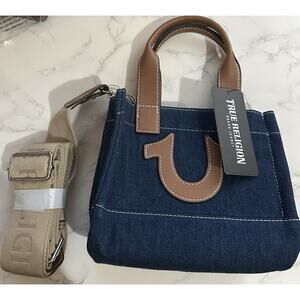 True Religion Tote Bag Blue Brown Stitching Logo Detachable Strap Casual Women